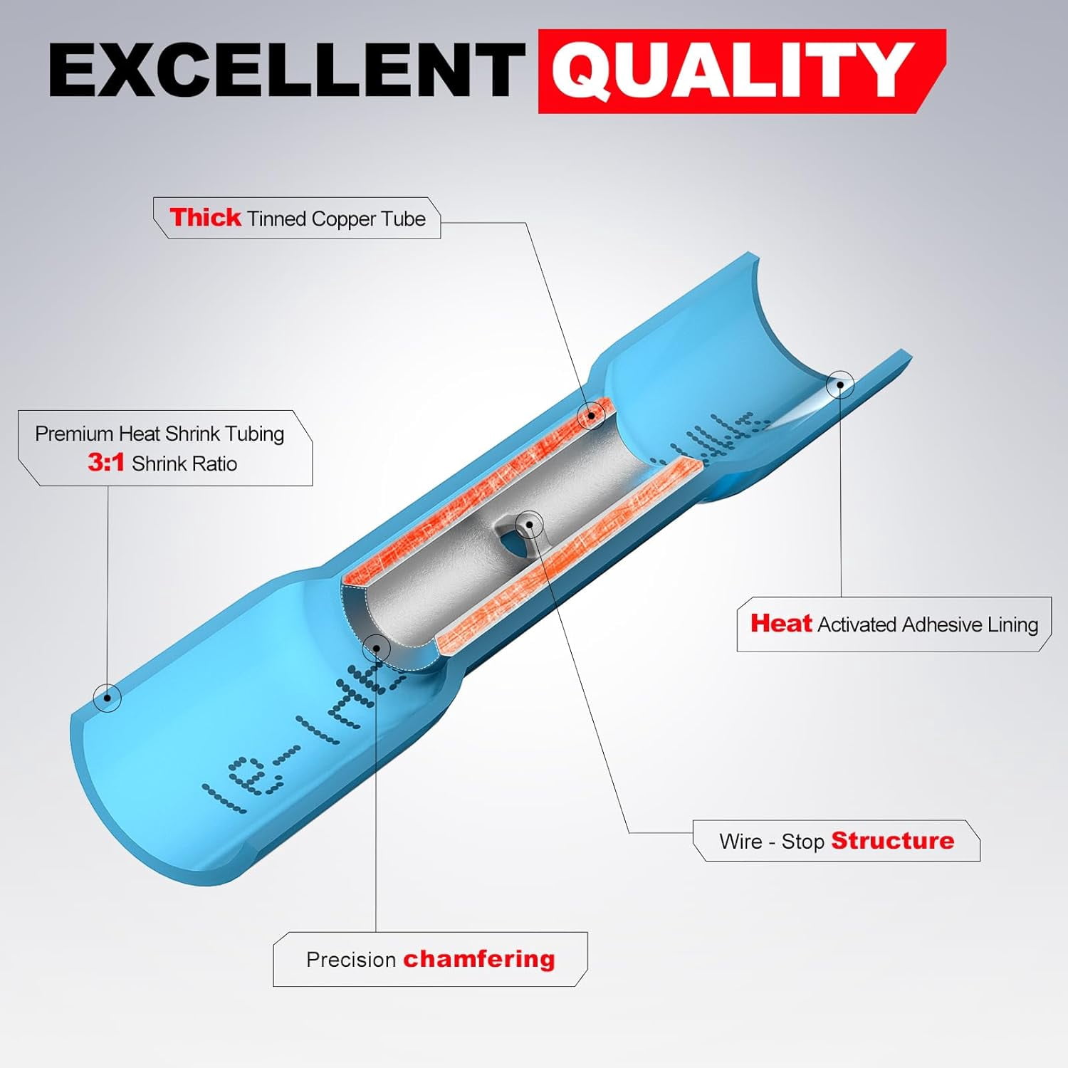 Heat shrink terminal connectors 16-14, 100 pieces of waterproof electrical crimp terminals, for car repair, insulation marine grade connectors, suitable for 16,14号线, terminal connectors, blue