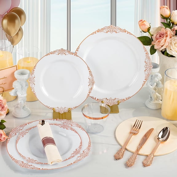 Bestluck 175PCS Rose Gold Disposable Dinnerware for 25 Guests Complete Party Tableware Kit with Rose Gold Rim Plates, Cups, Cutlery & Napkins for Wedding and Party