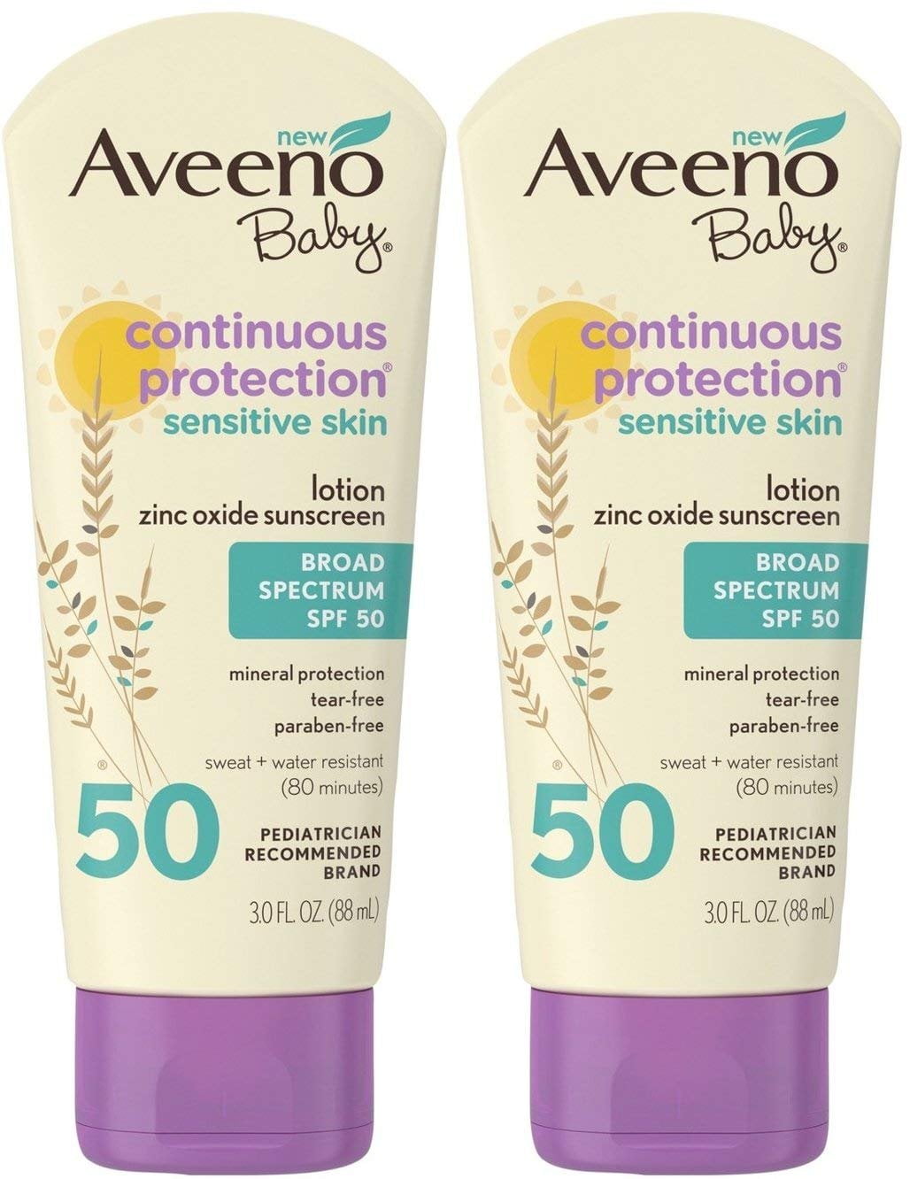 AVEENO Baby Continuous Protection Sensitive Skin Lotion Zinc Oxide Sunscreen SPF 50 3 oz (Pack of 2)