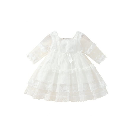 

Bagilaanoe Toddler Baby Girls Dress Jacquard Embroidered Mesh Long Sleeves Layered Puff Hem Princess Dress