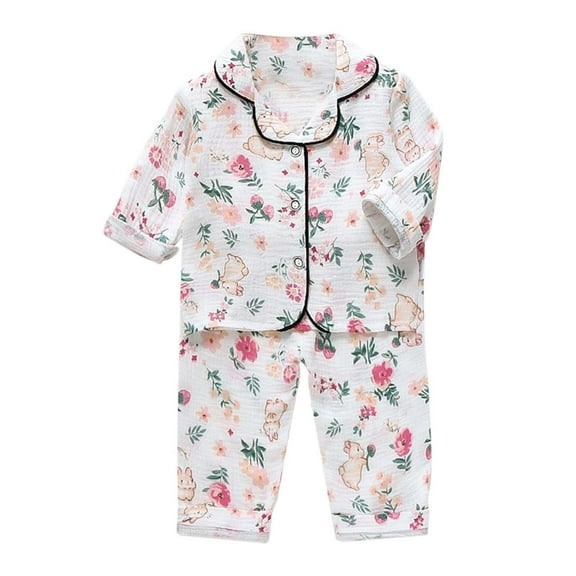 HAYIMI Toddler Kids Outfit Sets Baby Boys Girls Dinosaur Animals Floral Button Down Shirt Tops Long Pants Home Sleep Outfits Loungewear Set Cartoon Lightweight Summer Clothes Sets for Child