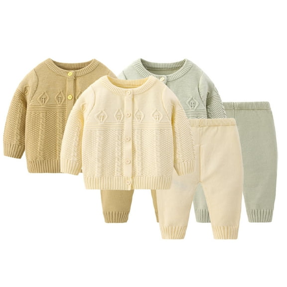 Esaierr 2PCS Newborn Baby Boys Girls Knitted Sweater Outfits Solid Color Crewneck Cardigan Tops with Pants 2-Piece Set Spring Fall Unisex Set 0-24 M