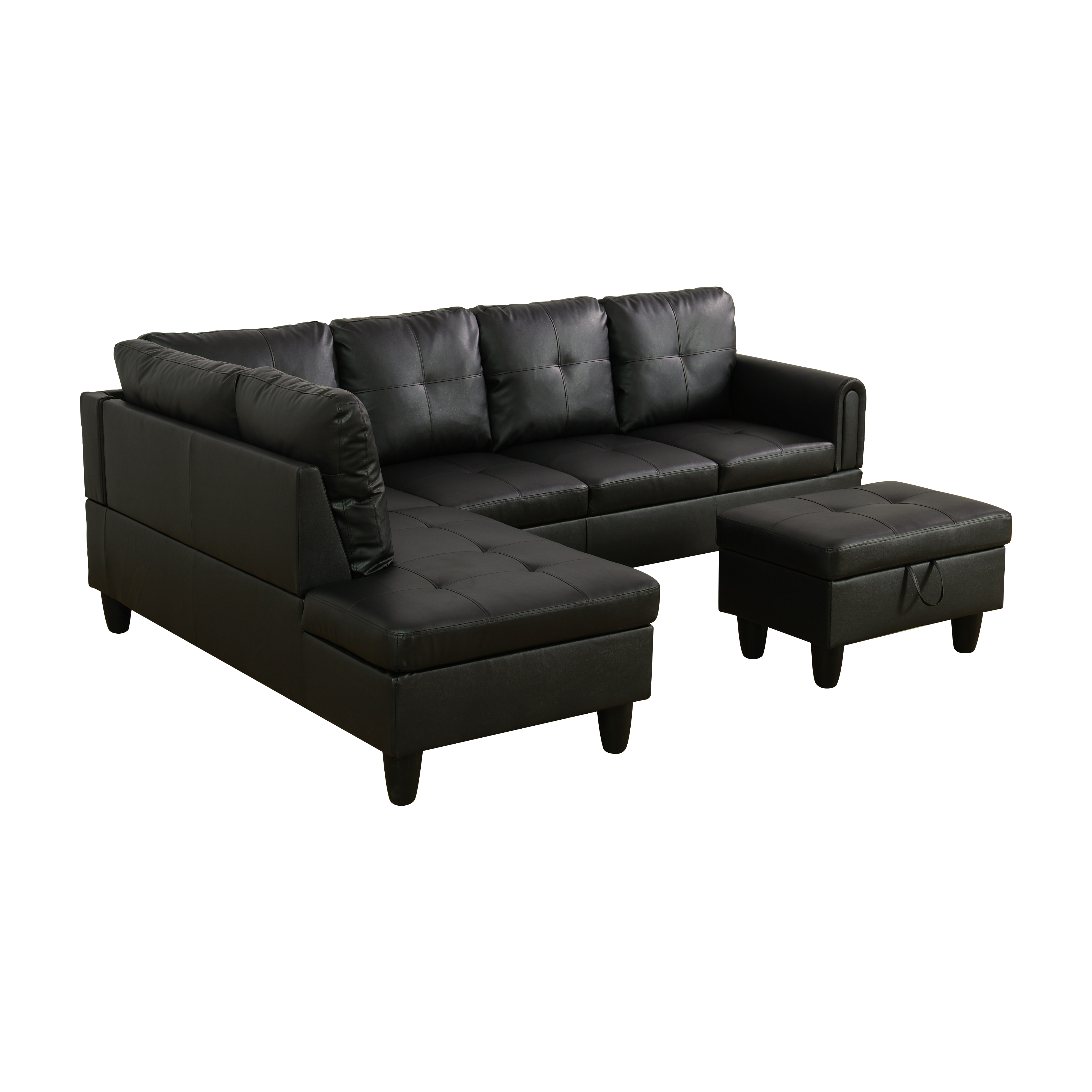 MAYEERTY 97" Faux Leather Sectional Sofa, 3-Piece Couch Living Room Sofa Set with Ottoman, Black (Left)