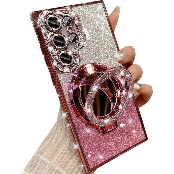 for Samsung Galaxy S23 Ultra Magnetic Kickstand Glitter Case, [Compatible with Magsafe] Bling Sparkly Rhinestone with Camera Protector Makeup Mirror Women Girls Case for Galaxy S23 Ultra,Pink