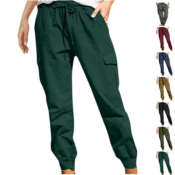 Fashion Plus Size Casual Cargo Pants for Womens Drawstring Casual Solid Color Elastic Waist Pocket Loose Pants Lounge Pants Running Joggers
