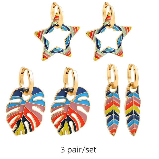 Pendientes de aro coloridos para mujer, aretes Huggie con forma de corazón, estrella, arcoíris, círculo geométrico, joyería creativa, regalo de fiesta, 3 pares/set