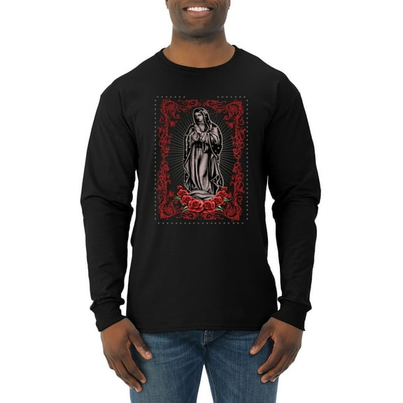 Wild Bobby, Our Lady of Guadalupe Blessed Virgin Mary Religious, Inspirational/Christian, Men Long Sleeve Shirt, Black, Small