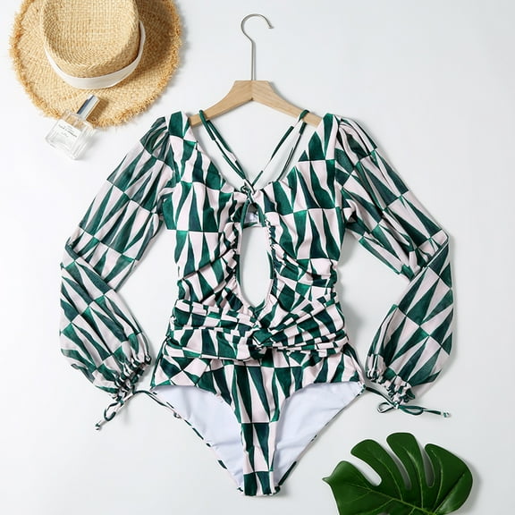 Pntutb Womens Swimwear V-Neck Print Bandage Long Sleeve Siamese Swimsuit Bikini