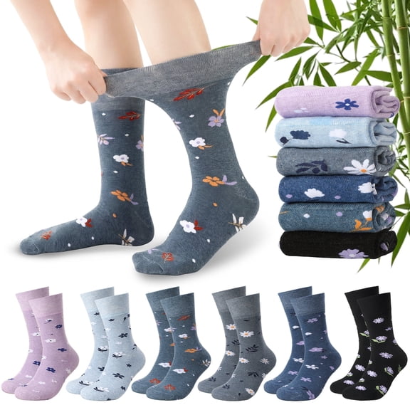 Bocaoying 6-Pair Floral Bamboo Fiber Diabetic Socks for Men and Women, Breathable Odor Resistant Crew Socks, Non-Binding Everyday Socks with Comfort Fit Gift for Neuropathy, US 6-9