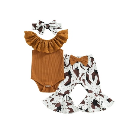 

Arvbitana Baby Girls Cow Print Bell Bottoms Outfits Lace Ruffle Sleeveless Romper Tops Flare Pants Headband Summer Sets