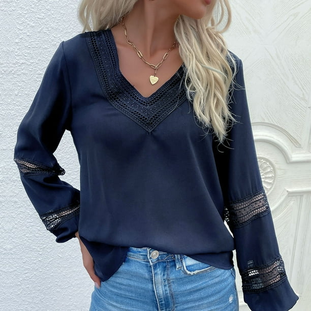 Camisas tipo pulóver de color puro,Camisas con cuello en V para mujer Blusa de manga larga Jersey de manga larga Materiales ecológicos