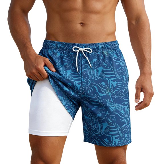 XFeng Men's 2 in 1 Swim Trunks, Print Board Shorts with Compression Liner, Quick Dry Beach Swim Shorts with Pockets