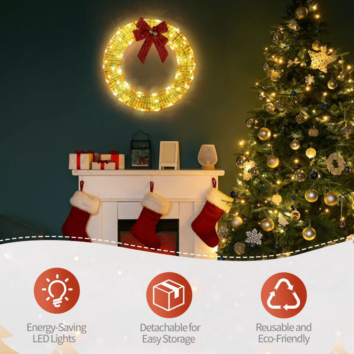 Alvantor 24 in Pre-Lit Iridescent Christmas Wreath with 110 Warm White LED Lights, Red Bow and Weather-Resistant Metal Frame