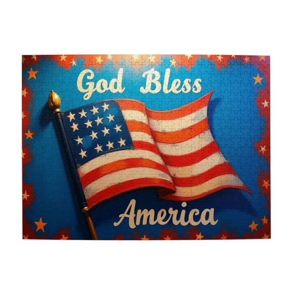 500 Piece God Bless America Flag Jigsaw Puzzle For Adults Patrioic Artwork Challenging & Fun Activity Unique Home Decor Great Gift Idea American Flag Stars Stripes 20.5X15In