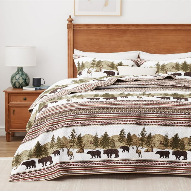 Ppolca Juego De Edredón De Cabaña Navideña De 3 Piezas, Ligero, Reversible, Para Todas Las Estaciones, Juego De Edredón De Oso, Colcha Tamaño Queen Con 2 Fundas De Almohada, Juego De Cama Rústico