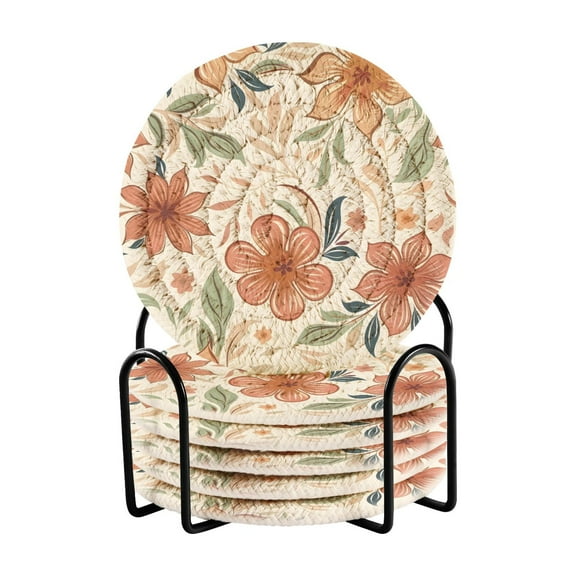 Orange Floral and Flowers 6 Pcs Drink Coasters with Holder Absorbent Coasters Woven Coasters for Drinks Table Desk Protection Home Decor