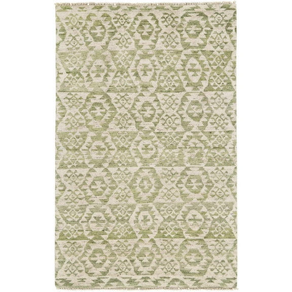8' X 12' Green and Ivory Wool Southwestern Hand Knotted Area Rug