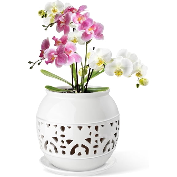 EFISPSSS 6 inch ceramic orchid pot with hole and tray -Peacock White