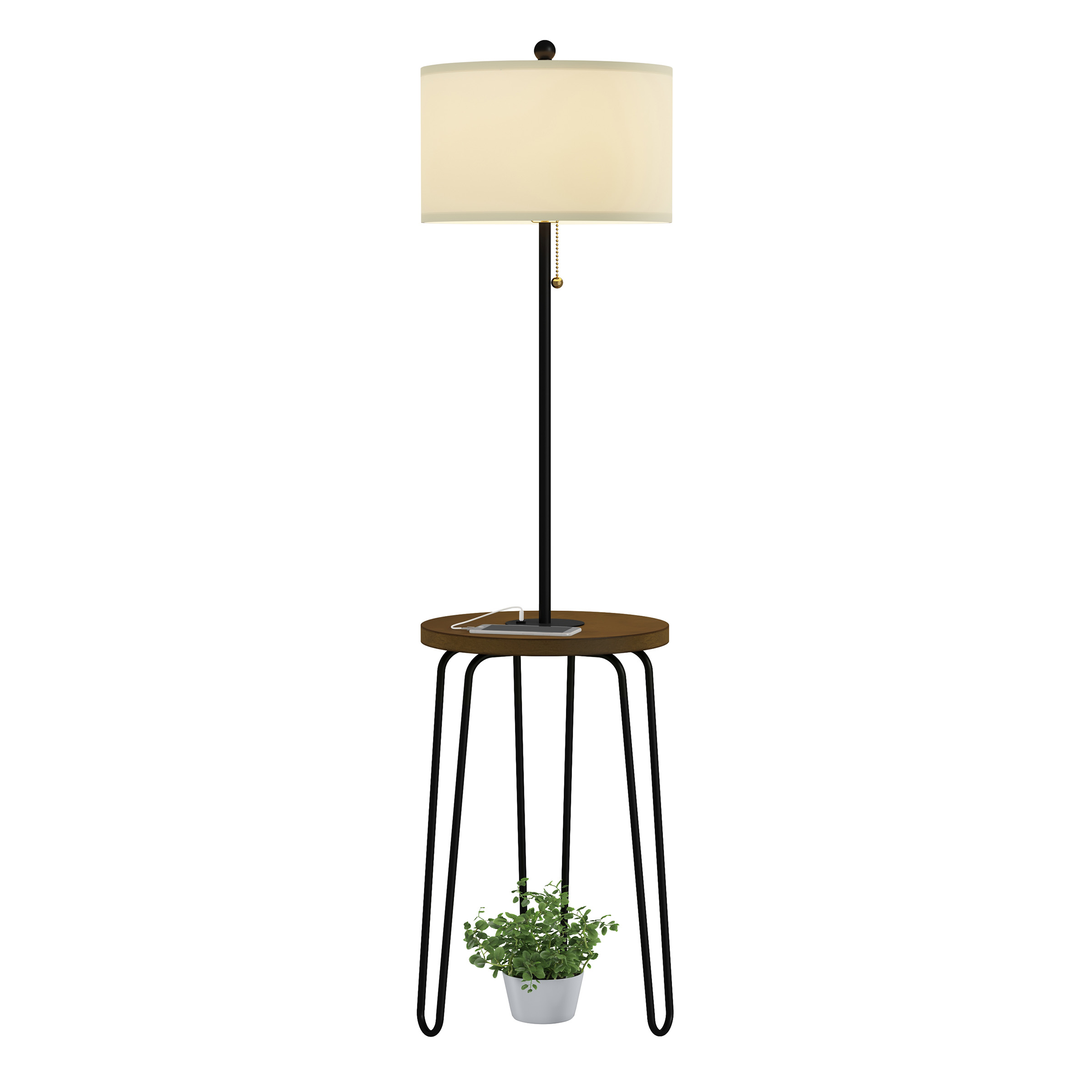 Lavish Home 59-inch Floor Lamp with Table, USB Port, and Hairpin Legs – Standing Light with Shelves