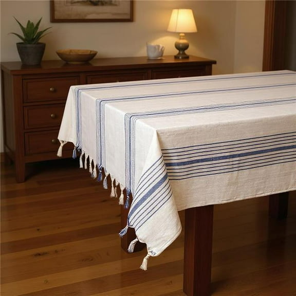 HomeRoots 521295 71 x 95 in. Cream & Blue Striped Cotton Tablecloth & Napkins Set