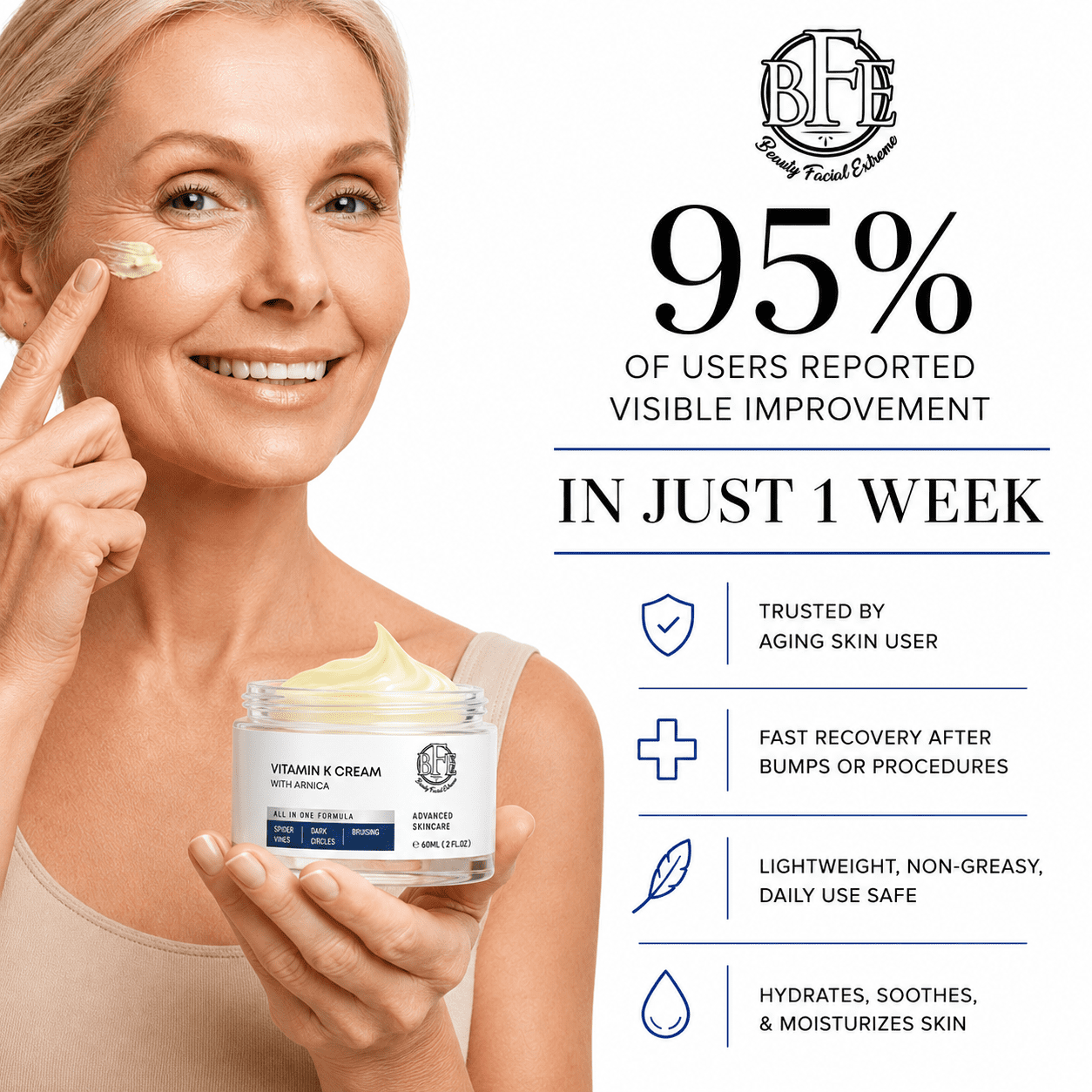 Beauty Facial Extreme Vitamin K Cream for Bruising, Spider Veins, Broken Capillaries, Under Eye Dark Circles, Fine Lines, Puffiness, and Wrinkles, 60 mL