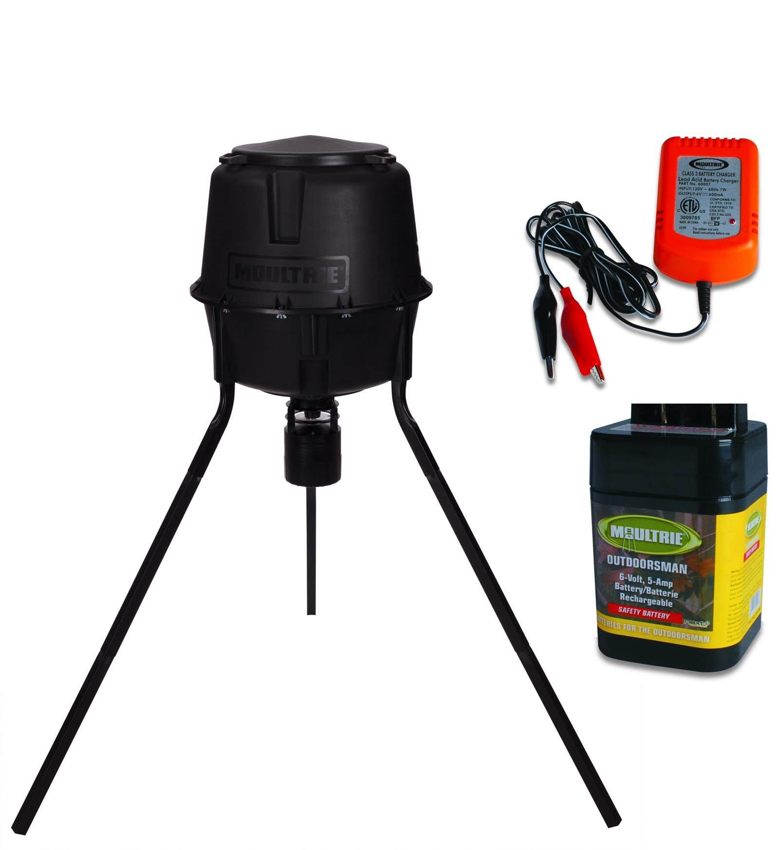 Moultrie 30 Gallon Quick Lock Tripod Game Feeder + 6 Volt Battery
