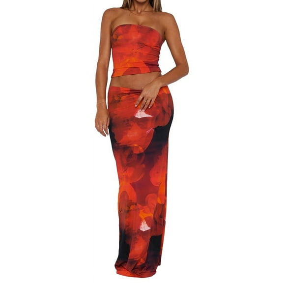 2 Piece Skirt Sets Women Summer, Floral Sleeveless Tube Top Bodycon Maxi Skirts Y2k Going Out Outfits Color L