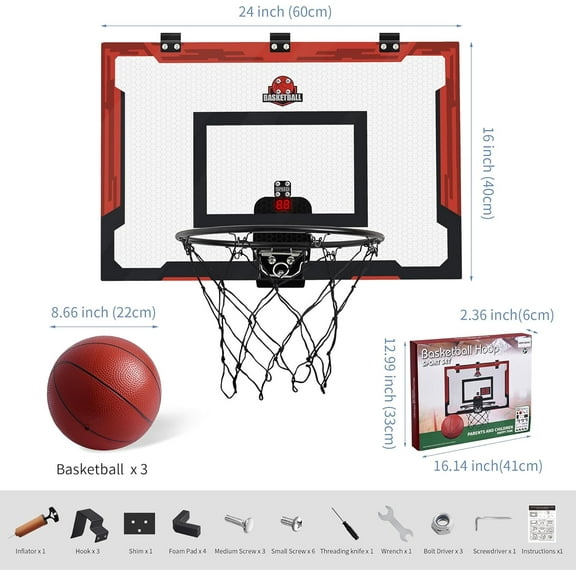 24" x 16" Large Basketball Hoop Indoor for Kids & Adults, Over The Door Basketball Hoop with Sturdy Backboard/Electronic Scoreboard, Includes 3 Balls & 2 Nets, Gift for Christmas Birthday