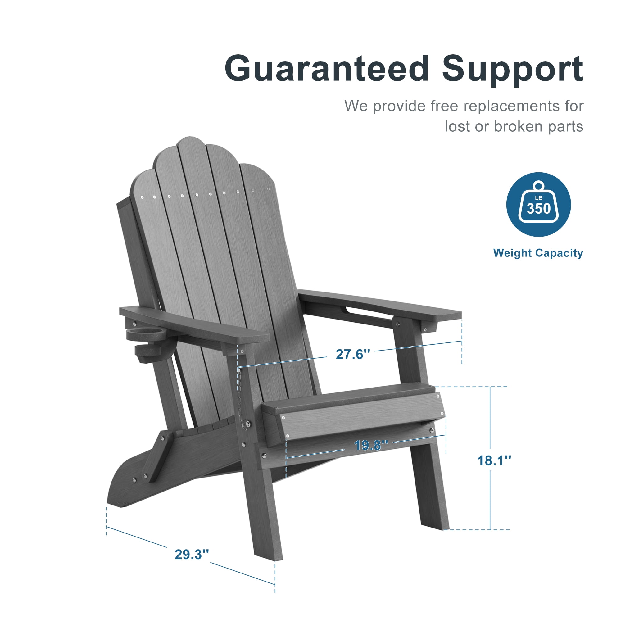 ACEGOSES Foldable Outdoor Adirondack Chair Set of 4 with Cup Holder,Weather Resistant HDPE Plastic for Patio, Fire Pit, Deck, Gray