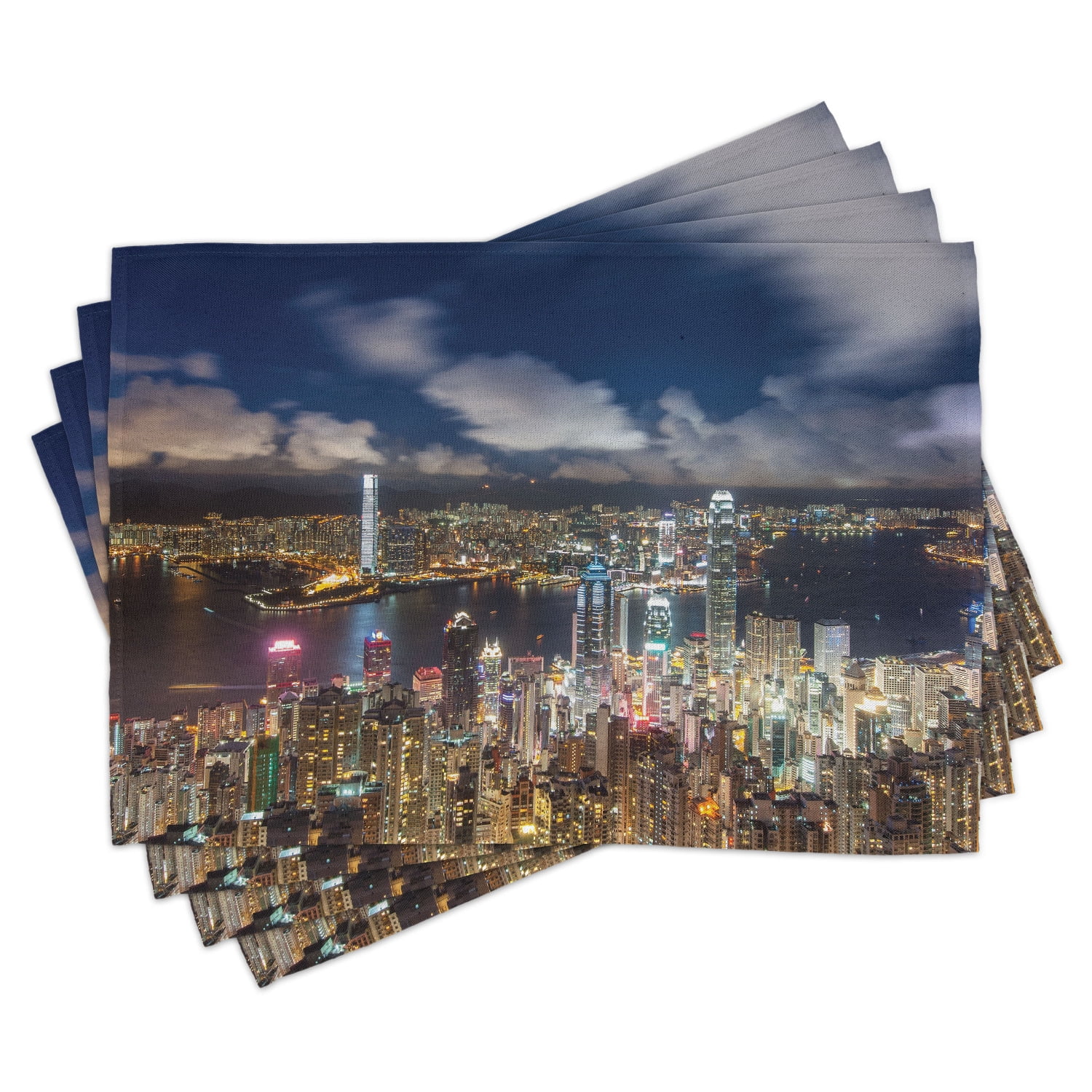 Cityscape Placemats Set of 4 Night View Hong Kong Victoria Harbor