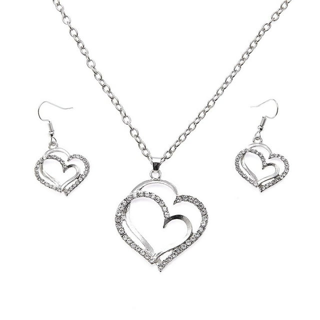 Fiudx Banquete de Boda Accesorios de Boda Pendientes Dobles En Forma de Corazón Collar