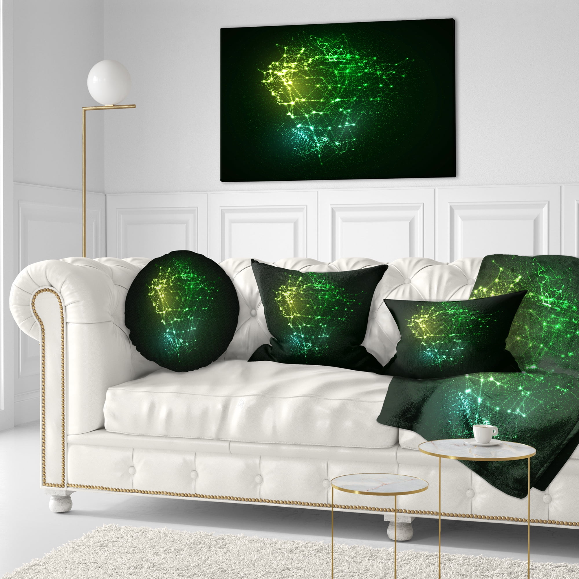 Designart Green Glowing Particles - Abstract Throw Pillow - 12x20