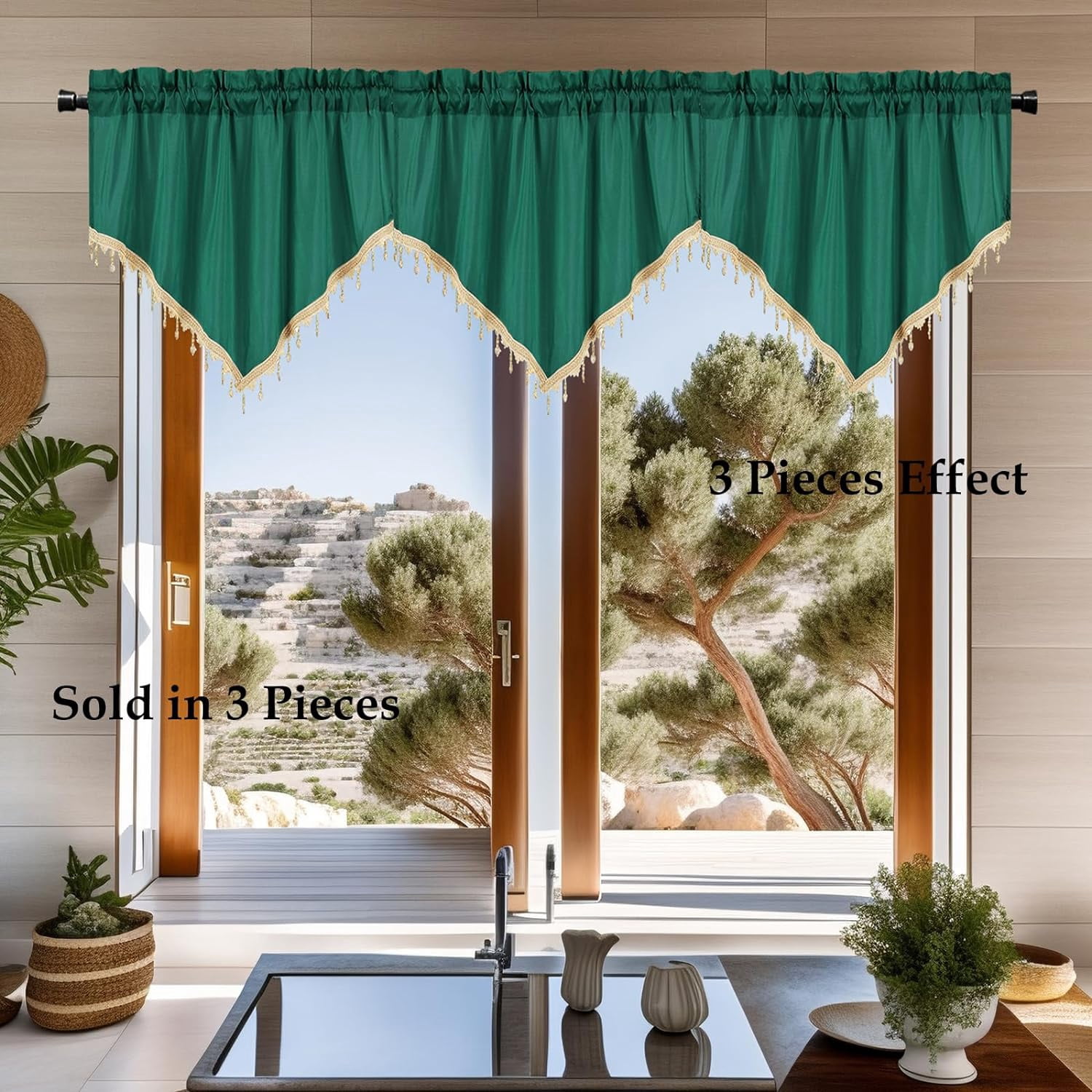 Nvzi Luxury Beaded Triangle Curtain Valances 3 Panels for Living Room Bathroom Cafe Laundry Basement Rod Pocket Half Blackout Short Window Valance Curtains (Green,51"x23")