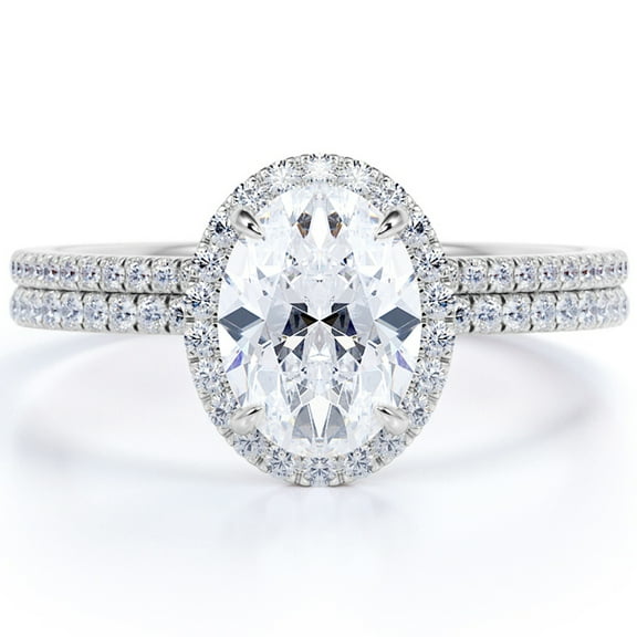 JeenMata Antique Design 1.75 carat Oval Cut Moissanite Halo Bridal Ring Set in 18k White Gold Over Silver