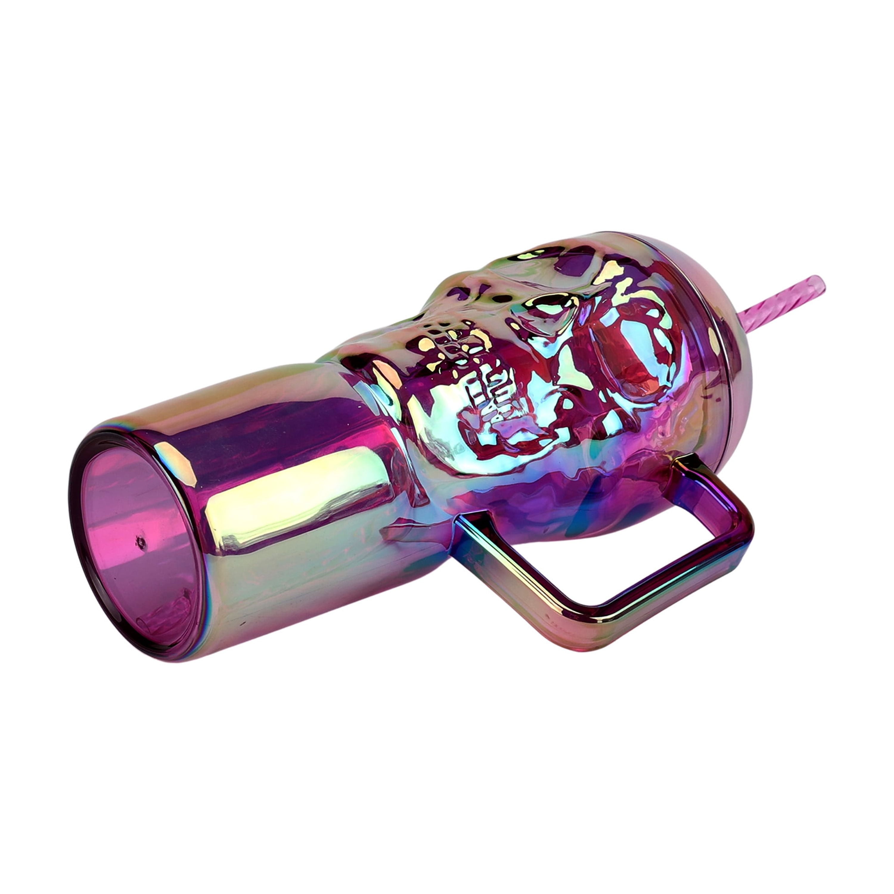 (2 pack) Way to Celebrate Halloween 30 oz Plastic Rainbow Iridescent Skull Tumbler with Straw, Purple Multicolor