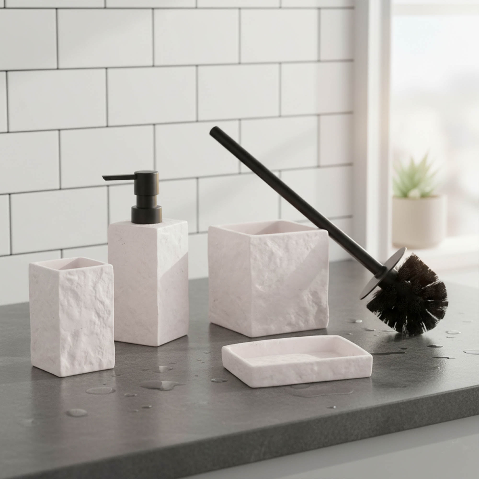 Bath Square Resin Hand Soap & Lotion Dispenser Stone Effect 9 FL OZ White
