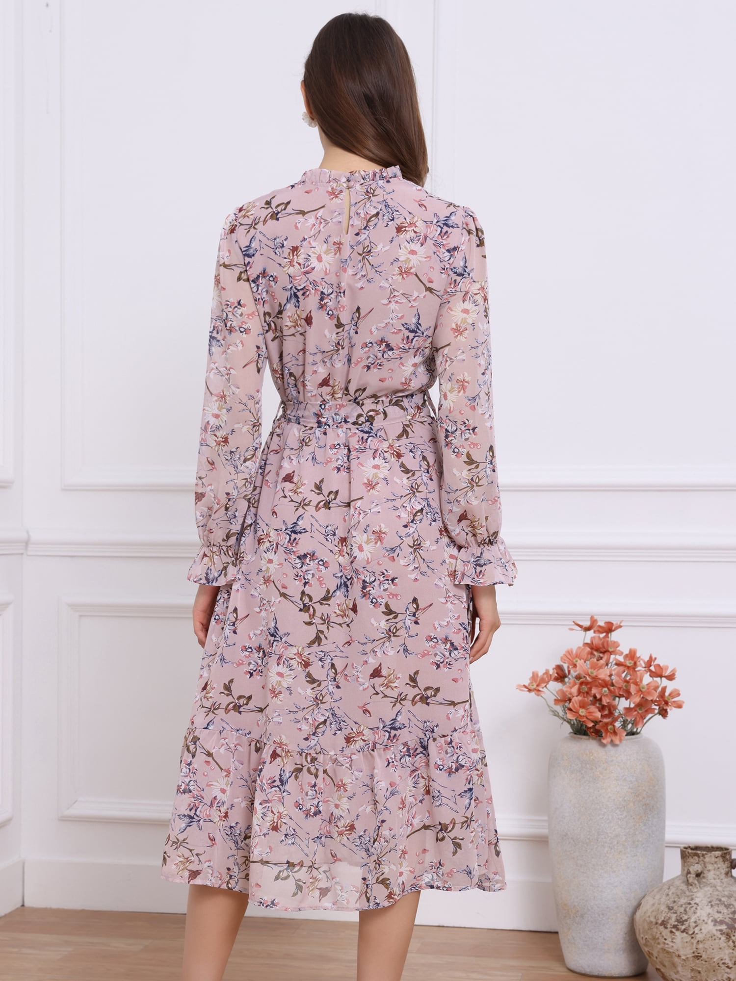 DARING DIVA Fall Floral Long Sleeve Chiffon Midi Dress M Pink