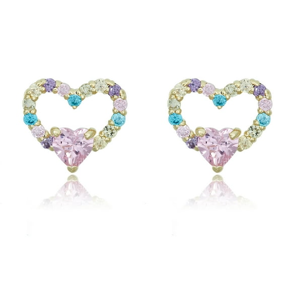 AVORA 10K Yellow-Gold Multi-color Simulated Diamond CZ Open Heart Stud Earrings