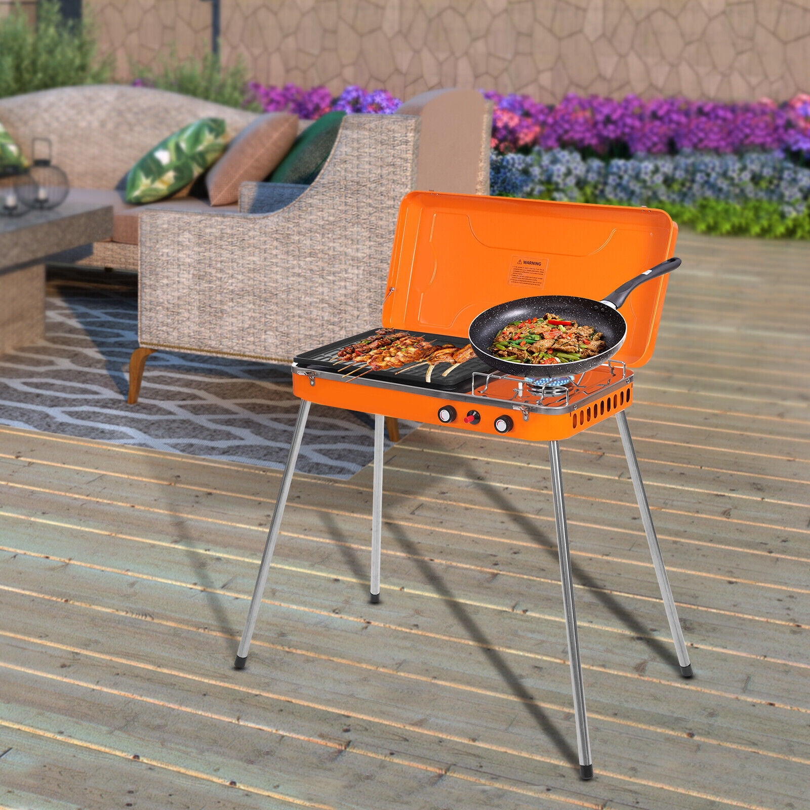 Portable Camping Stove Tabletop Grill Stove for Camping BBQ Picnic 2-in-1 Gas Camping Stove with Burner & Iron Plate Outdoor Grilling Plate with Extended Stove Legs, 5860BTU*2
