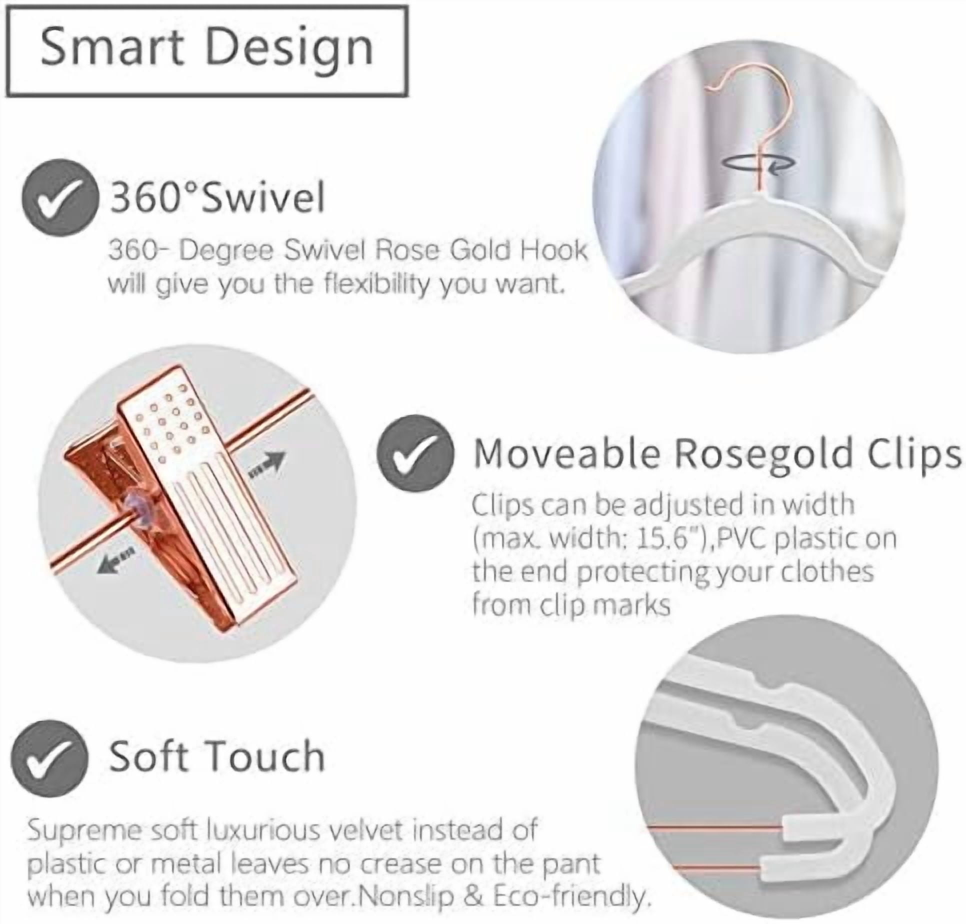 Premium Velvet Pants Hangers with Clips (Pack of 20) Slim Skirt Hangers- Non Slip Felt Outfit Dress Hangers White - Copper/Rose Gold Hooks,Space Saving Shirt Clothes Hangers