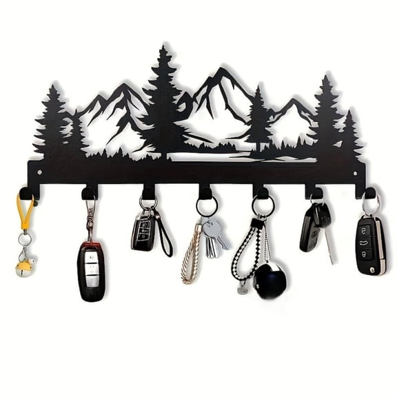 Metal Key Hook Rack, 7-Hook Wall Mounted Key Holder, Rustic Nature Wall Decor For Entryway, Mudroom & Cabin Black-25Cm