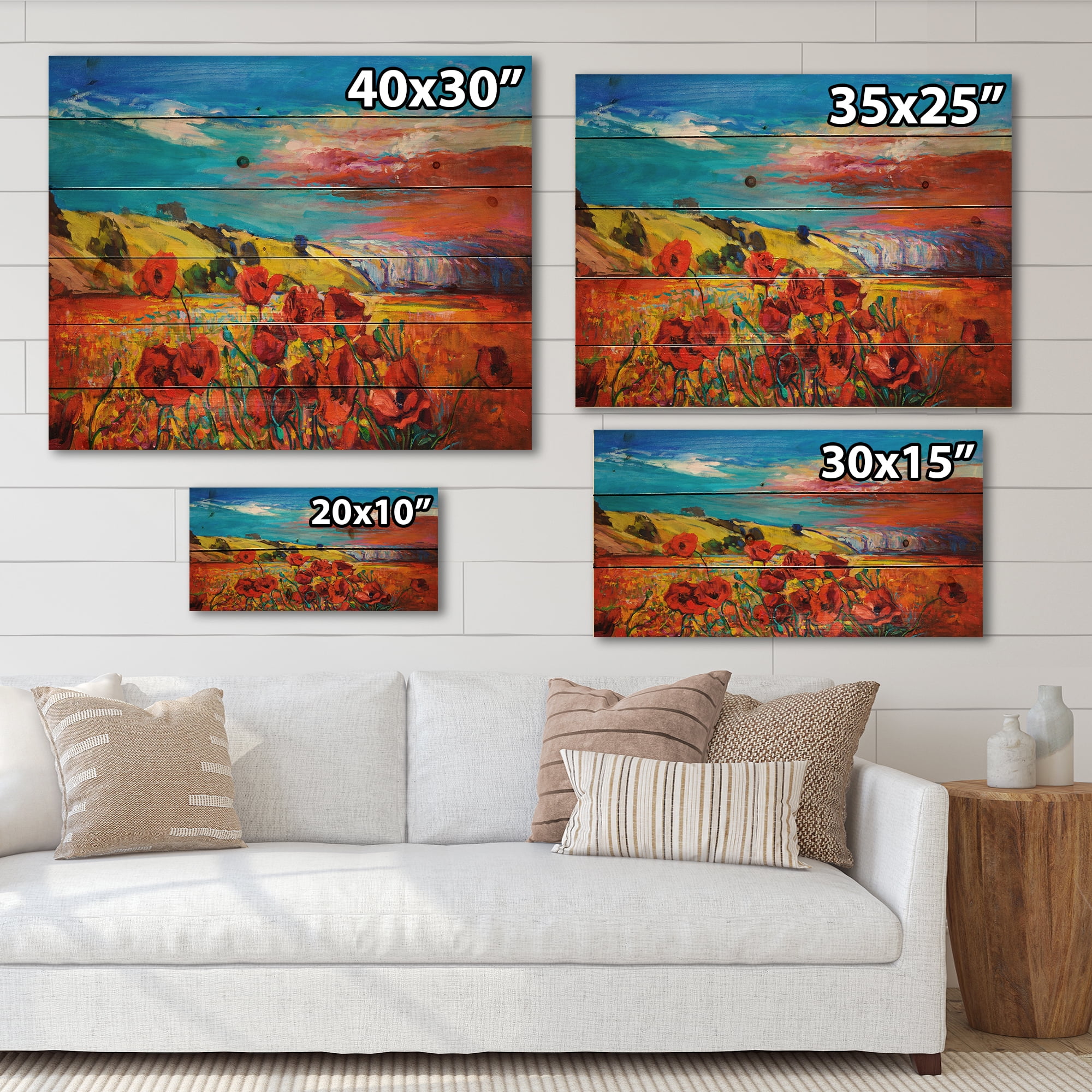 Designart 'Blossomg Red Poppies Under A Blue Sky' Traditional Print on Natural Pine Wood