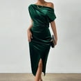 thumbnail image 4 of Jinhomg Velvet Dress for Women Elegant off The Shoulder Ruched Velvet Dresses Irregular formal Cocktail Dress Evening Party Midi Dresses Green L, 4 of 10