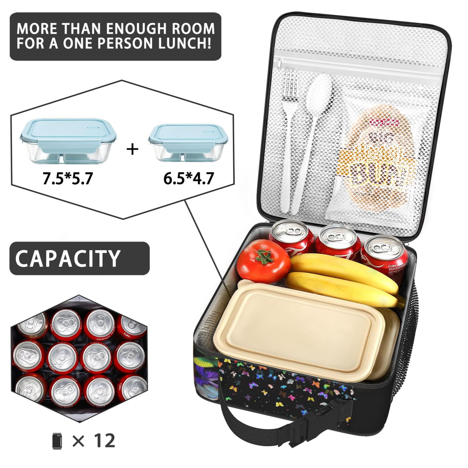 Artistic Butterfly Lunch Box Bag with Floral Pattern, Colorful Insulated Bento Tote for Women, Butterfly Lovers, School, Picnic, Work, Travel Use