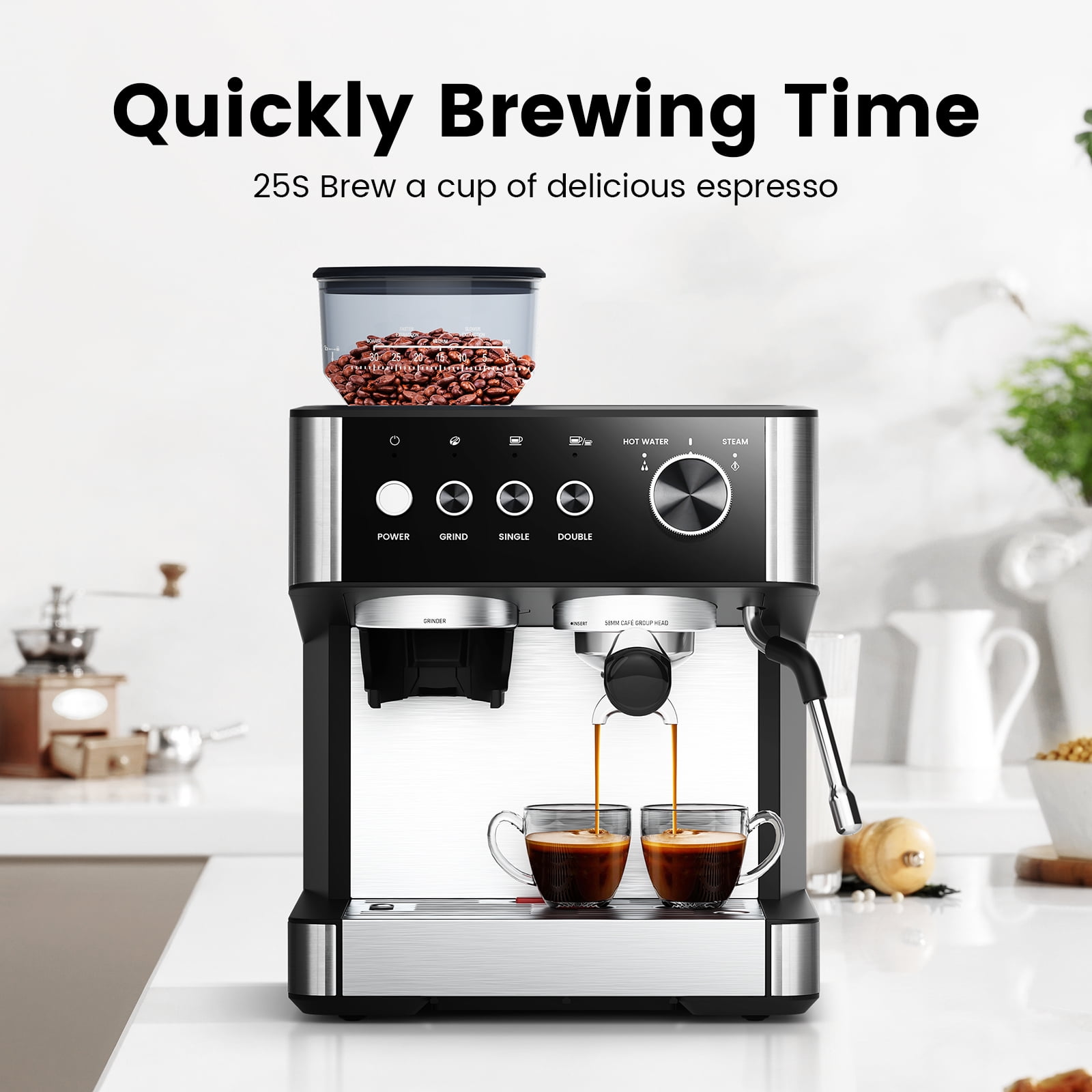 Espresso Machine with Grinder, 15 Bar Expresso Coffee Machines with Milk Frother Steam Wand, Professional Coffee Maker with Removable Water Tank, Cappuccino & Latte Machine for Home