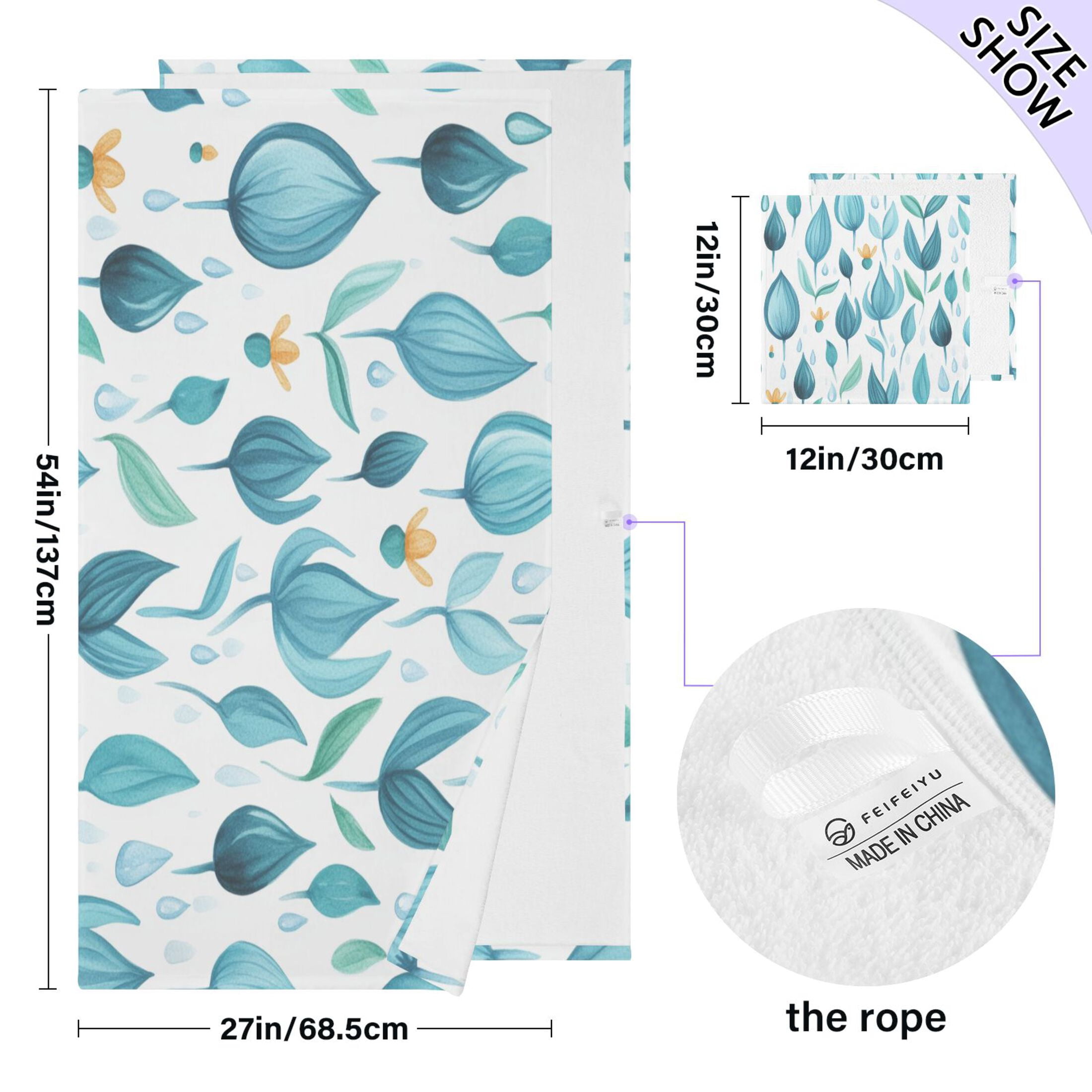 Teal Leaf Design 2 Piece Cotton Bath and Face Towel Set Soft and Absorbent, for Beach Pool Bathroom