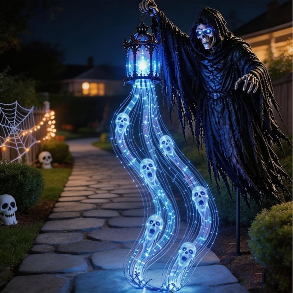 2026NEW Halloween Soul Harvester Animated Garden Light Glowing Rising Flowing Ghost Spirit Lantern with Ground Stake, Solar Powered Flowing Ghost Light for Front Yard Outdoor Decor