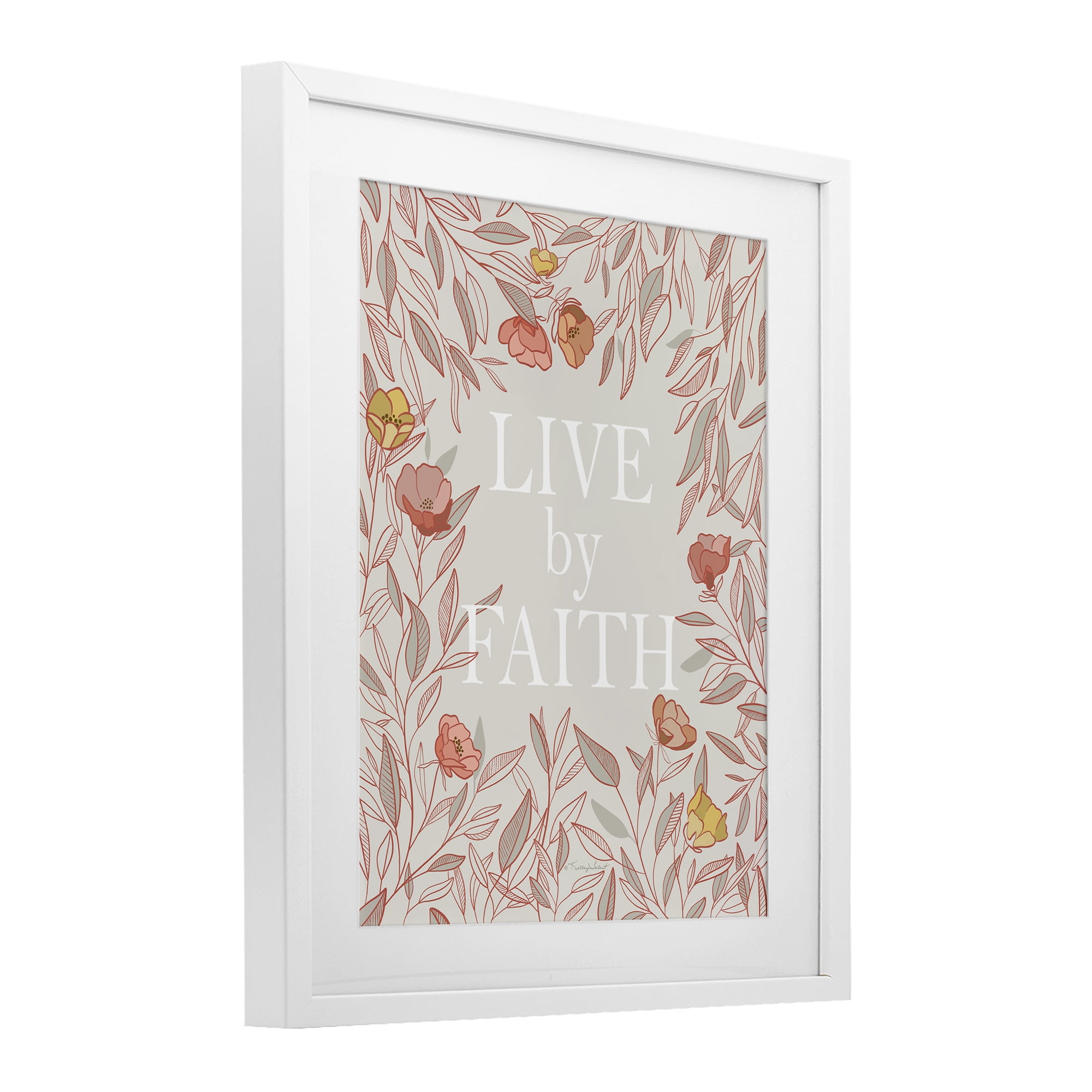 Live By Faith Rosy Florals White Framed Print Under Glass, design by Kelley Talent