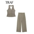 thumbnail image 3 of TRAF-Conjunto de 2 piezas con cuello Halter para mujer, chaleco sin mangas con bolsillo de una sola botonadura, Tops + bolsillos con cremallera de cintura alta, pantalón de pierna ancha, 3 of 5