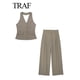 thumbnail image 3 of TRAF-Conjunto de 2 piezas con cuello Halter para mujer, chaleco sin mangas con bolsillo de una sola botonadura, Tops + bolsillos con cremallera de cintura alta, pantalón de pierna ancha, 3 of 5